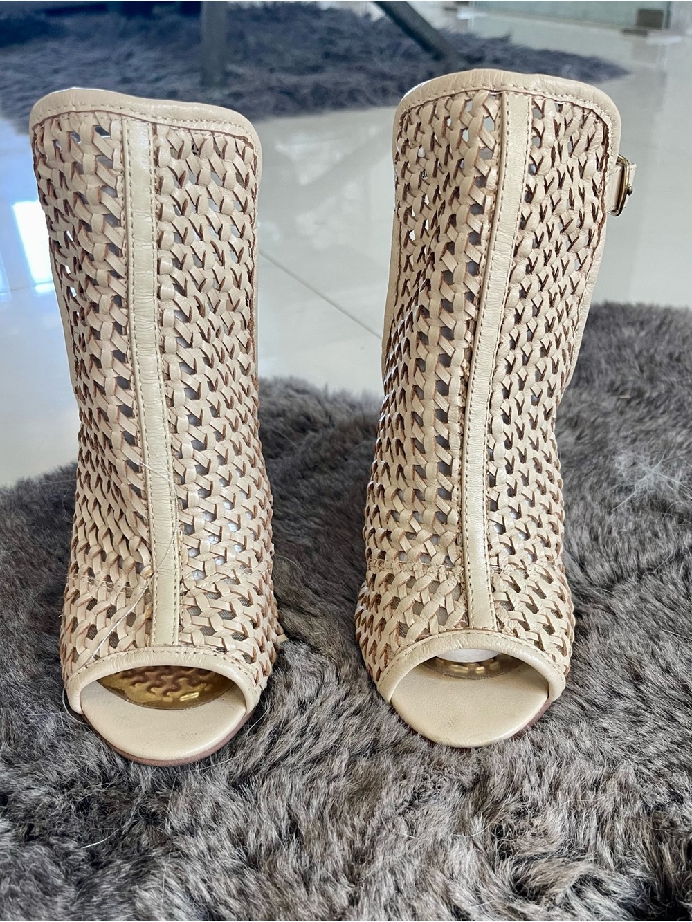 Chinese Laundry Beige Woven Peep-Toe Heeled Boots by Kristin Cavallari